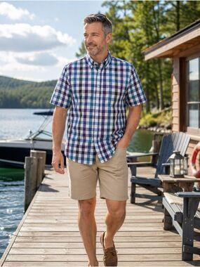 Eddie Bauer Plaid Short Sleeve Button Up Shirt Men’s L Tall Blue Purple